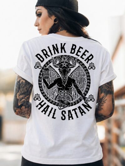 Drink Beer, Hail Satan T-shirt Vit [Ryggtryck]